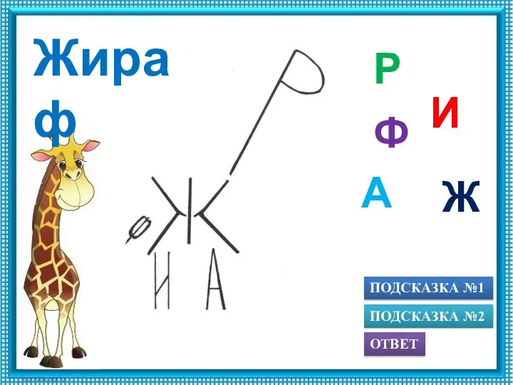 ПОДСКАЗКА №1 ОТВЕТ ПОДСКАЗКА №2 Ж Р Ф А И Жираф