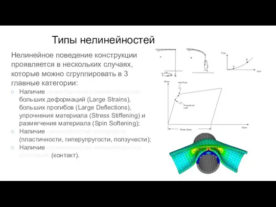 Нелинейное поведение конструкции проявляется в нескольких случаях, которые можно сгруппировать в 3