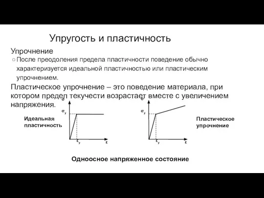 Упрочнение После преодоления предела пластичности поведение обычно характеризуется идеальной пластичностью или пластическим