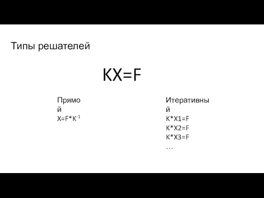 Типы решателей Прямой X=F*K-1 Итеративный K*X1=F K*X2=F K*X3=F … KX=F