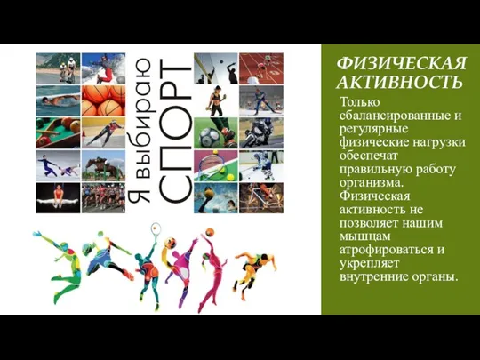 ФИЗИЧЕСКАЯ АКТИВНОСТЬ Только сбалансированные и регулярные физические нагрузки обеспечат правильную работу организма.