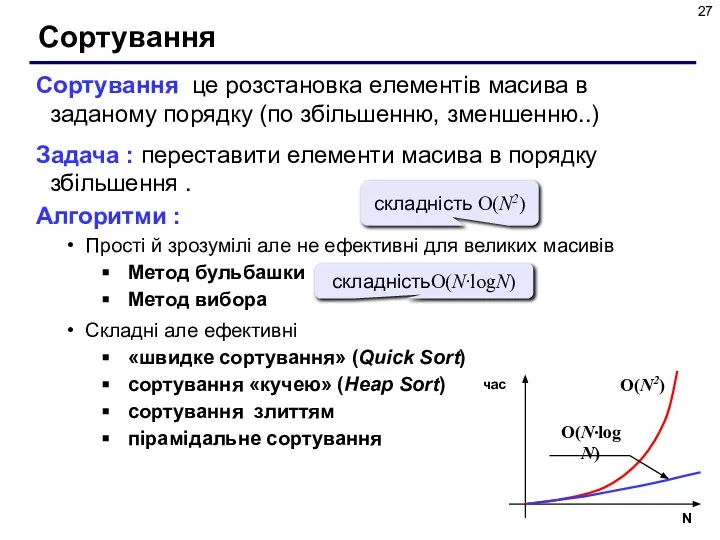 Сортування Сортування це розстановка елементів масива в заданому порядку (по збільшенню, зменшенню..)