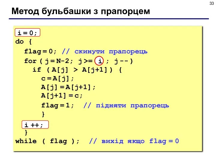 Метод бульбашки з прапорцем i = 0; do { flag = 0;