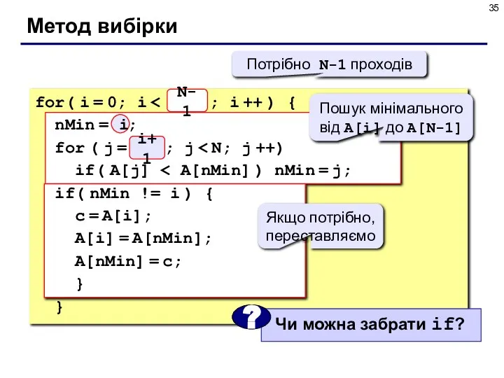 Метод вибірки N for( i = 0; i nMin = i ;