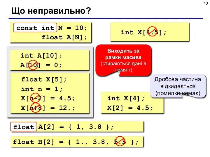 Що неправильно? int N = 10; float A[N]; const int int X[4.5];