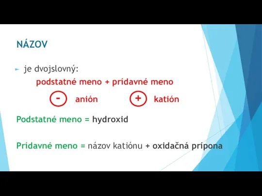 NÁZOV je dvojslovný: podstatné meno + prídavné meno - anión + katión