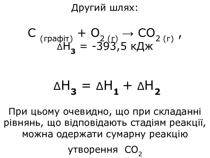 Другий шлях: С (графіт) + О2 (г) → СО2 (г) , ΔН3
