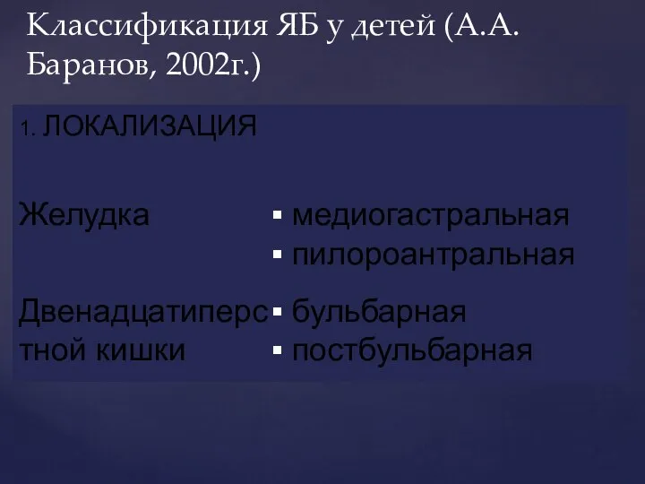 Классификация ЯБ у детей (А.А. Баранов, 2002г.)