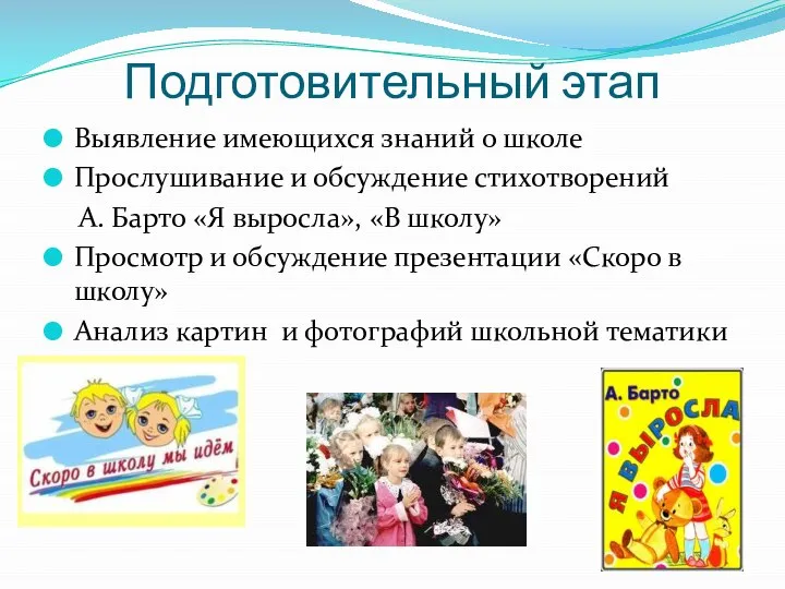 Подготовительный этап Выявление имеющихся знаний о школе Прослушивание и обсуждение стихотворений А.