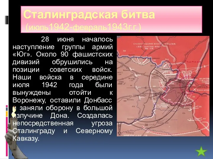Сталинградская битва (июль1942-февраль1943г.г.) 28 июня началось наступление группы армий «Юг». Около 90