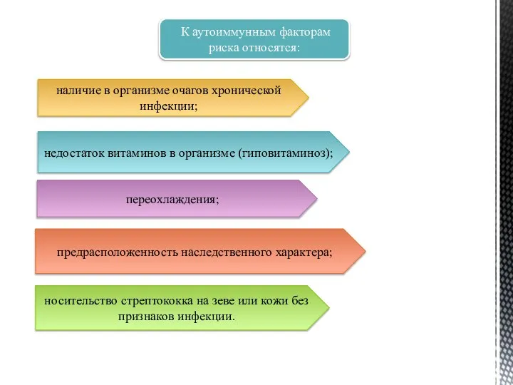 К аутоиммунным факторам риска относятся: наличие в организме очагов хронической инфекции; предрасположенность