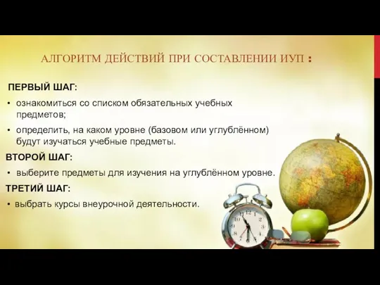 АЛГОРИТМ ДЕЙСТВИЙ ПРИ СОСТАВЛЕНИИ ИУП : ПЕРВЫЙ ШАГ: ознакомиться со списком обязательных