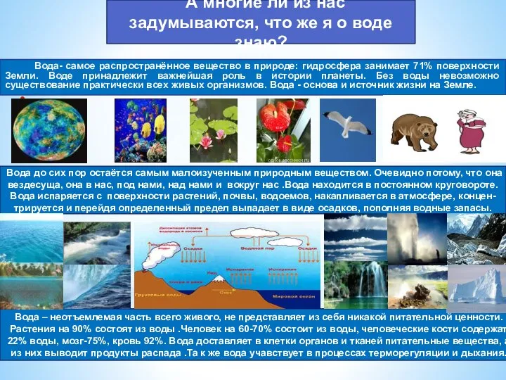 Вода- самое распространённое вещество в природе: гидросфера занимает 71% поверхности Земли. Воде