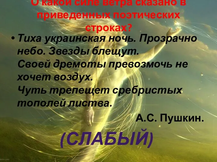 О какой силе ветра сказано в приведенных поэтических строках? Тиха украинская ночь.