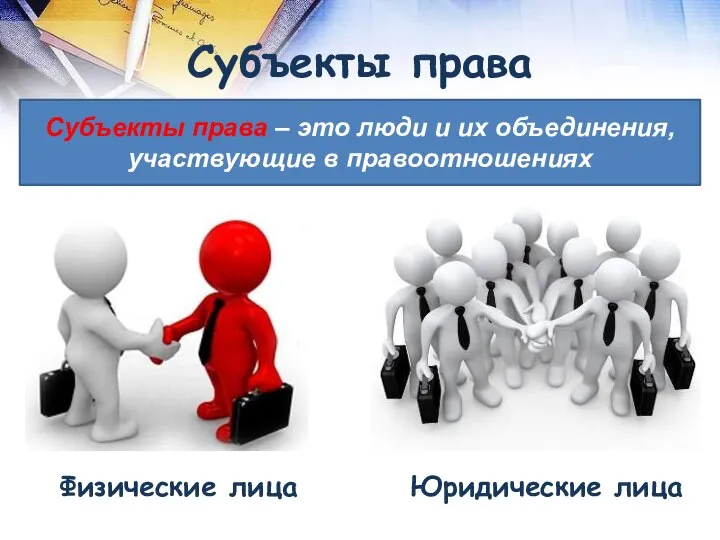 Субъекты права Субъекты права – это люди и их объединения, участвующие в