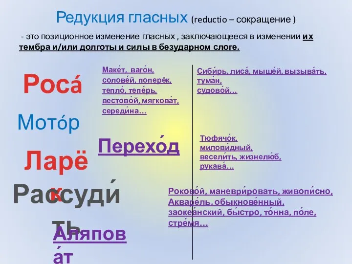 Редукция гласных (reductio – сокращение ) - это позиционное изменение гласных ,