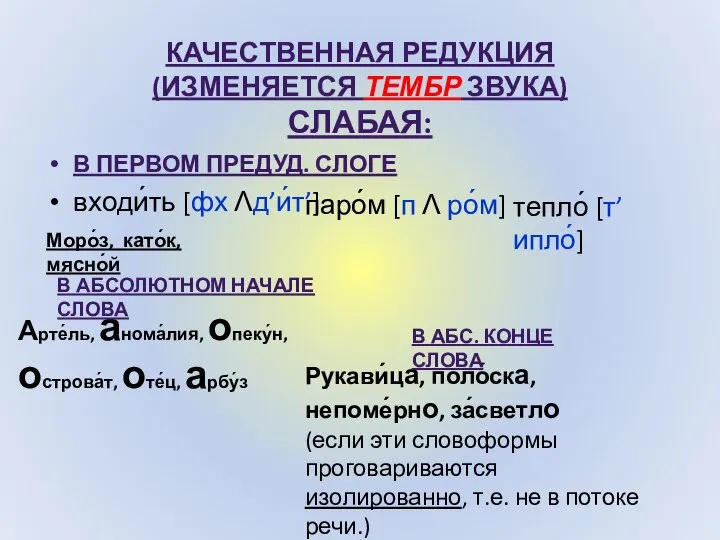 КАЧЕСТВЕННАЯ РЕДУКЦИЯ (ИЗМЕНЯЕТСЯ ТЕМБР ЗВУКА) СЛАБАЯ: В ПЕРВОМ ПРЕДУД. СЛОГЕ входи́ть [фх