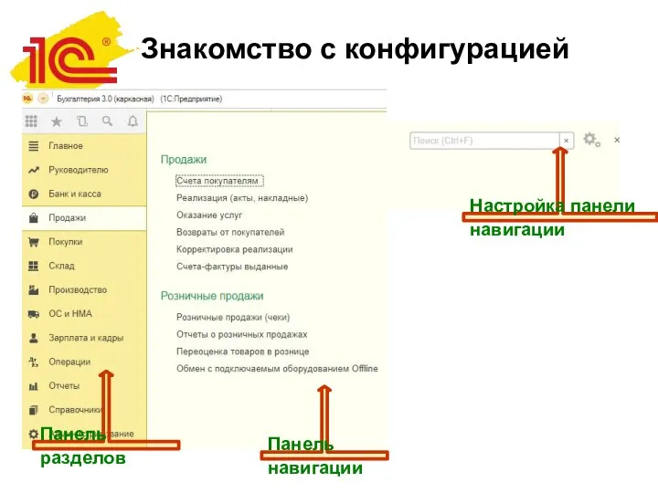 Знакомство с конфигурацией Панель разделов Панель навигации Настройка панели навигации