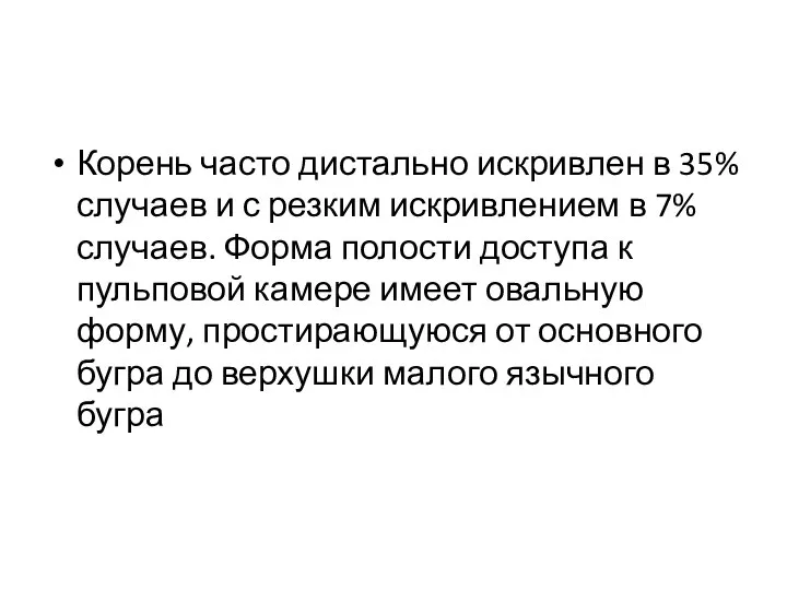 Корень часто дистально искривлен в 35% случаев и с резким искривлением в