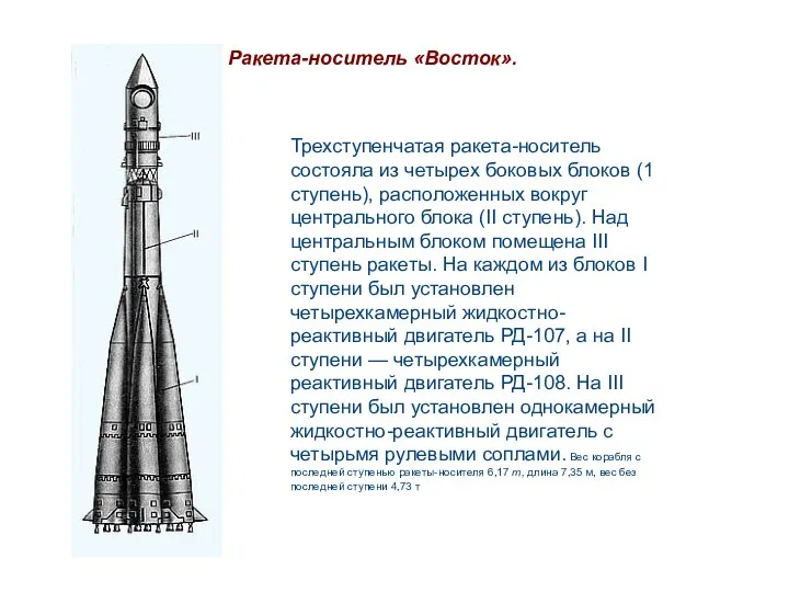 Трехступенчатая ракета-носитель состояла из четырех боковых блоков (1 ступень), расположенных вокруг центрального