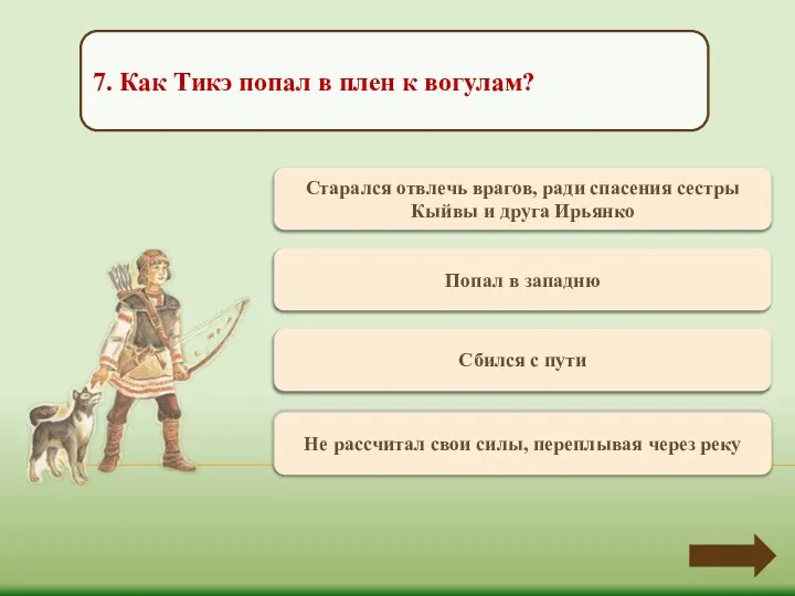 Верно +1 Старался отвлечь врагов, ради спасения сестры Кыйвы и друга Ирьянко