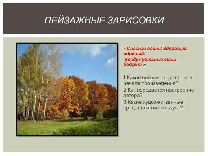 « Славная осень! Здоровый, ядрёный, Воздух усталые силы бодрит..» 1 Какой пейзаж