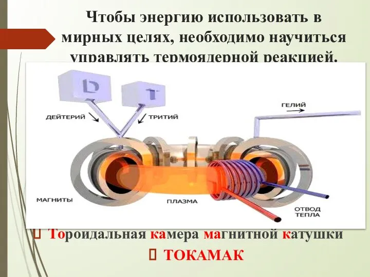 Чтобы энергию использовать в мирных целях, необходимо научиться управлять термоядерной реакцией. Т