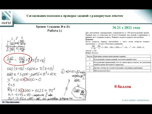 0 баллов Согласование подходов к проверке заданий с развернутым ответом Тренинг 1