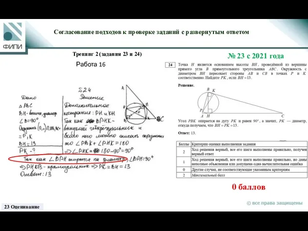 0 баллов Согласование подходов к проверке заданий с развернутым ответом Тренинг 2