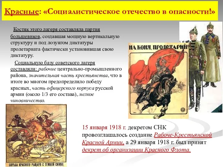 Красные: «Социалистическое отечество в опасности!» Костяк этого лагеря составляла партия большевиков, создавшая