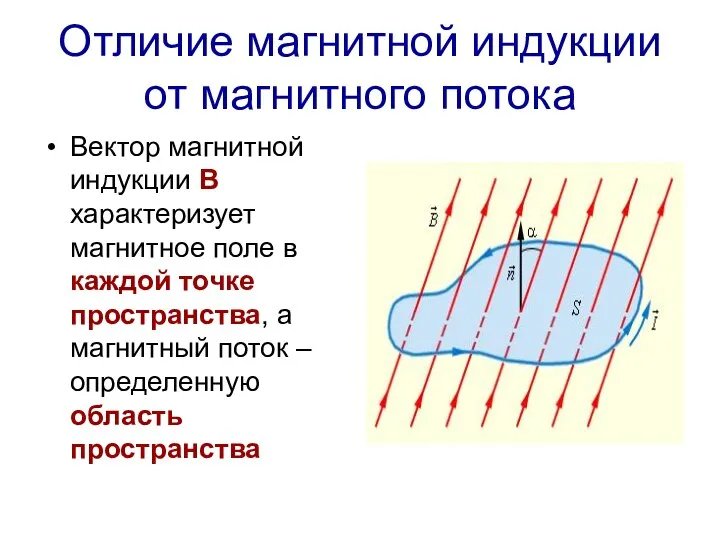 Отличие магнитной индукции от магнитного потока Вектор магнитной индукции В характеризует магнитное