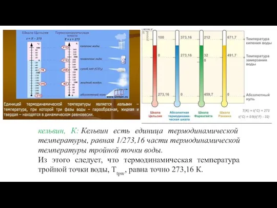 кельвин, К: Кельвин есть единица термодинамической температуры, равная 1/273,16 части термодинамической температуры