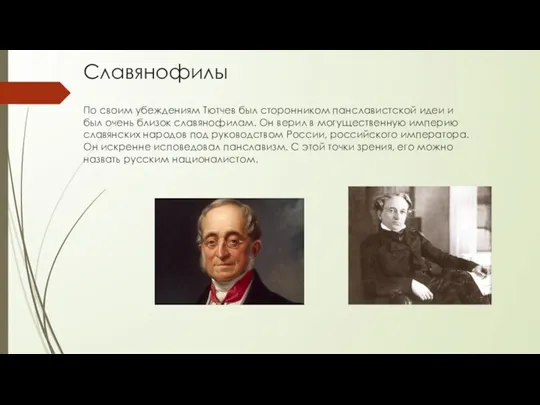 Славянофилы По своим убеждениям Тютчев был сторонником панславистской идеи и был очень