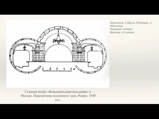 Архитектор: А.Щусев, В.Кокорин, А.Заболотная Художник: П.Корин Инженер: А.Семёнов. Станция метро «Комсомольская-кольцевая» в