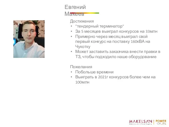 Евгений Макеев Достижения "тендерный терминатор" За 5 месяцев выиграл конкурсов на 33млн