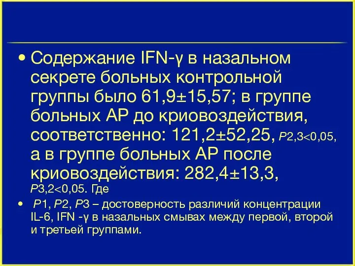 Содержание IFN-γ в назальном секрете больных контрольной группы было 61,9±15,57; в группе