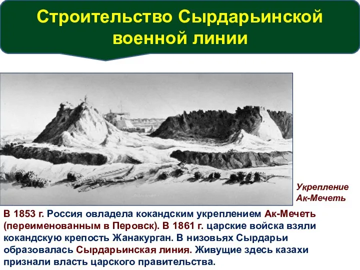 Укрепление Ак-Мечеть В 1853 г. Россия овладела кокандским укреплением Ак-Мечеть (переименованным в