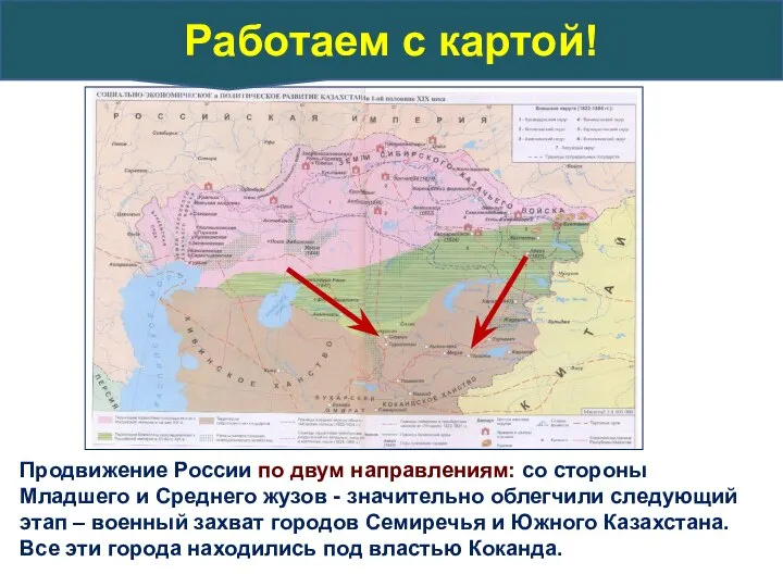 Продвижение России по двум направлениям: со стороны Младшего и Среднего жузов -