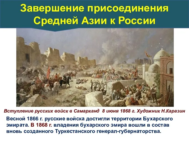 Вступление русских войск в Самарканд 8 июня 1868 г. Художник Н.Каразин Весной