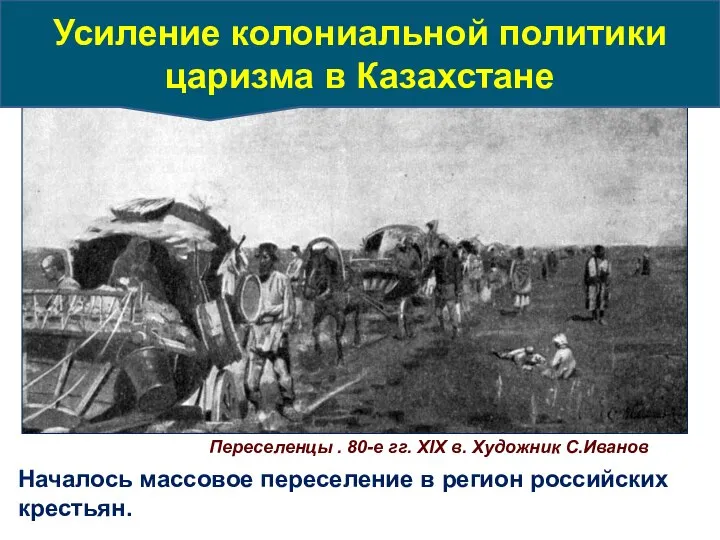 Переселенцы . 80-е гг. ХIХ в. Художник С.Иванов Началось массовое переселение в