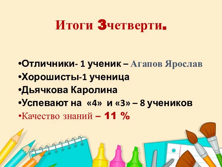 Итоги 3четверти. Отличники- 1 ученик – Агапов Ярослав Хорошисты-1 ученица Дьячкова Каролина