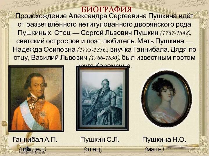 Происхождение Александра Сергеевича Пушкина идёт от разветвлённого нетитулованного дворянского рода Пушкиных. Отец
