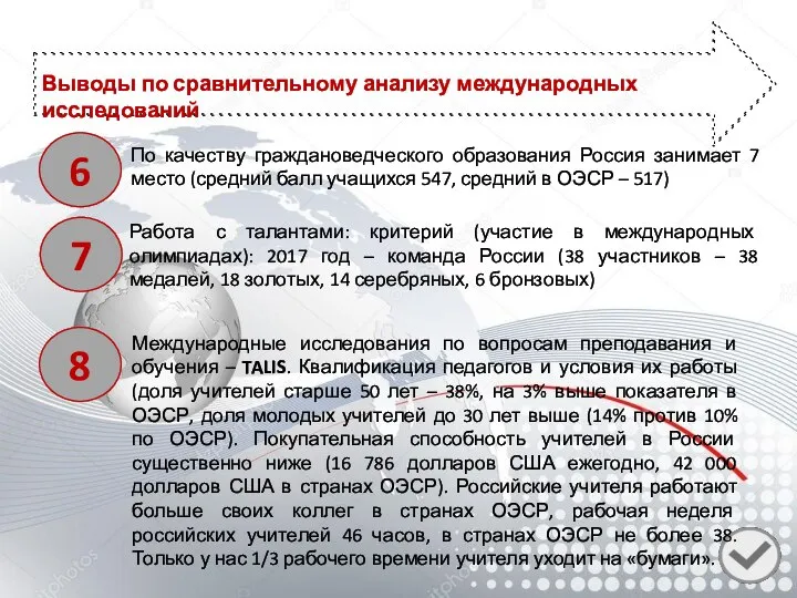 Выводы по сравнительному анализу международных исследований 6 По качеству граждановедческого образования Россия