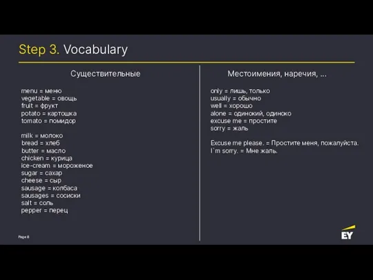 Step 3. Vocabulary menu = меню vegetable = овощь fruit = фрукт