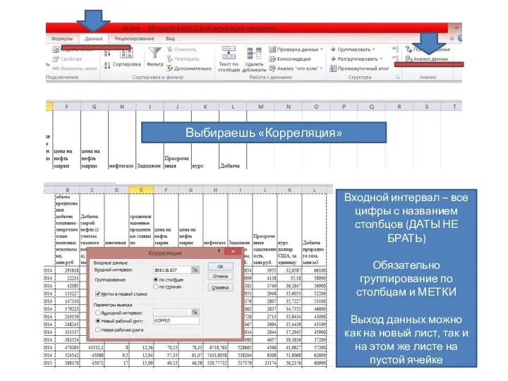 Выбираешь «Корреляция» Входной интервал – все цифры с названием столбцов (ДАТЫ НЕ