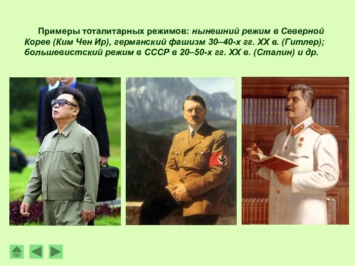 Примеры тоталитарных режимов: нынешний режим в Северной Корее (Ким Чен Ир), германский