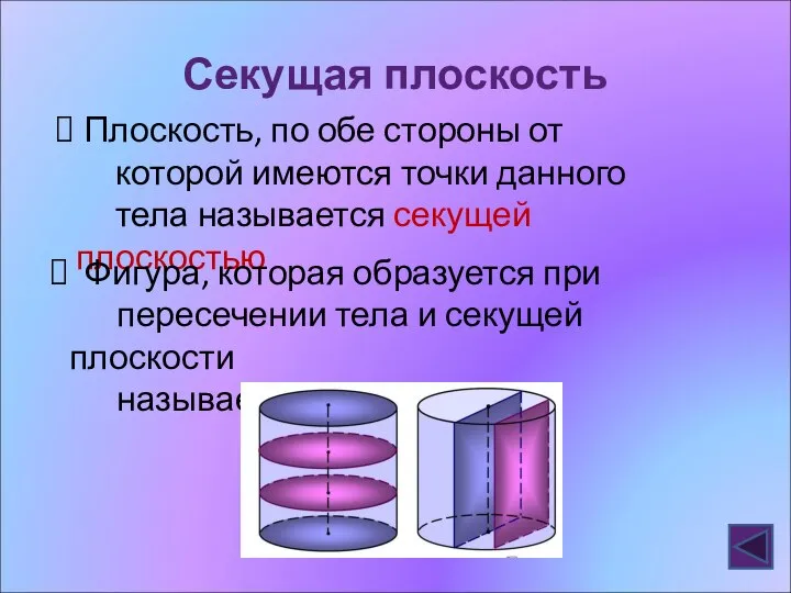 Секущая плоскость Плоскость, по обе стороны от которой имеются точки данного тела