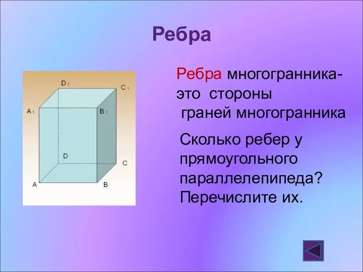 Ребра Ребра многогранника-это стороны граней многогранника Сколько ребер у прямоугольного параллелепипеда? Перечислите их.