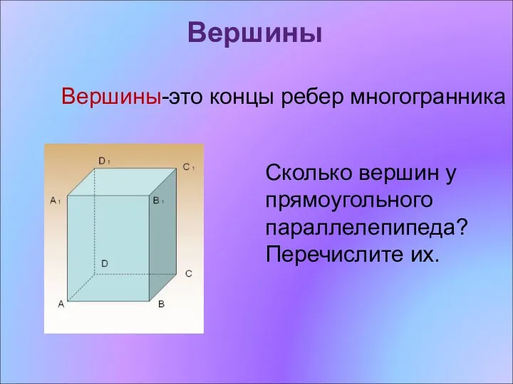 Вершины Вершины-это концы ребер многогранника Сколько вершин у прямоугольного параллелепипеда? Перечислите их.