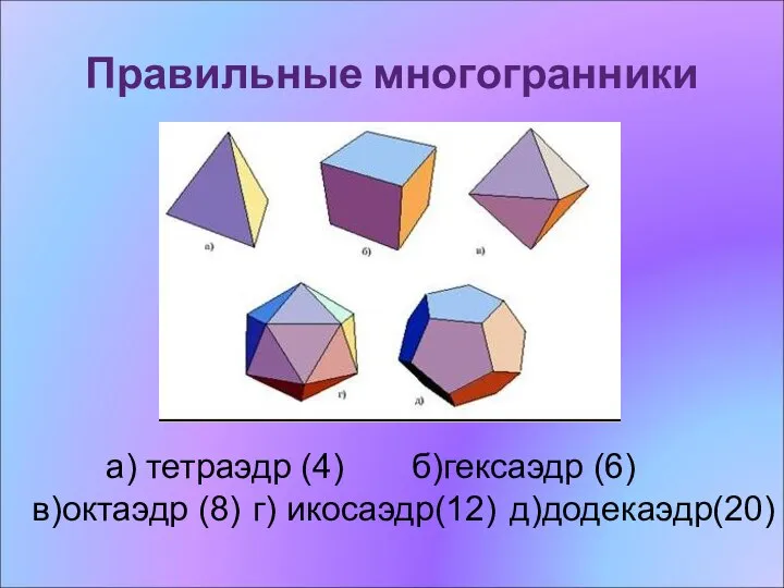 Правильные многогранники а) тетраэдр (4) б)гексаэдр (6) в)октаэдр (8) г) икосаэдр(12) д)додекаэдр(20)